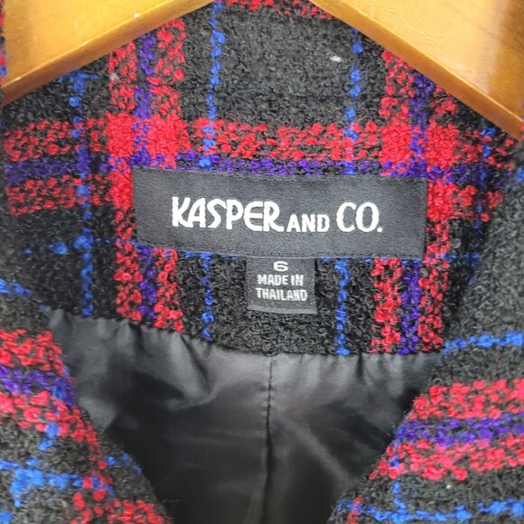 Kasper Blazer Jacket size 6 Plaid Tweed Wool Blend Black Blue Pink Boucle Warm - Picture 4 of 5
